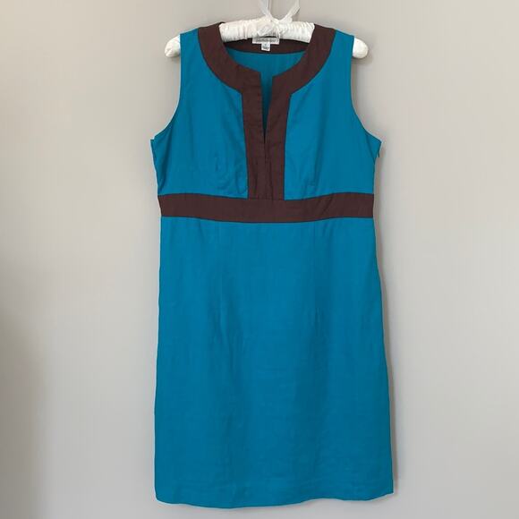 John Paul Richard linen colorblock turquoise brown sheath sleeveless dress Large - Picture 1 of 10